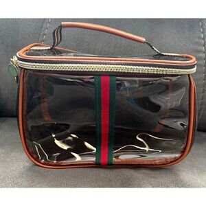 Clear Plastic Makeup Bag Case w/ Handle Zipper Brown Trim Green Red 8x5x4" 0020